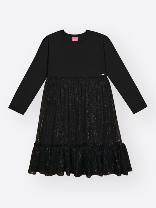 Vestido Menina em Cotton e Tule Fóil Mundo Cinti