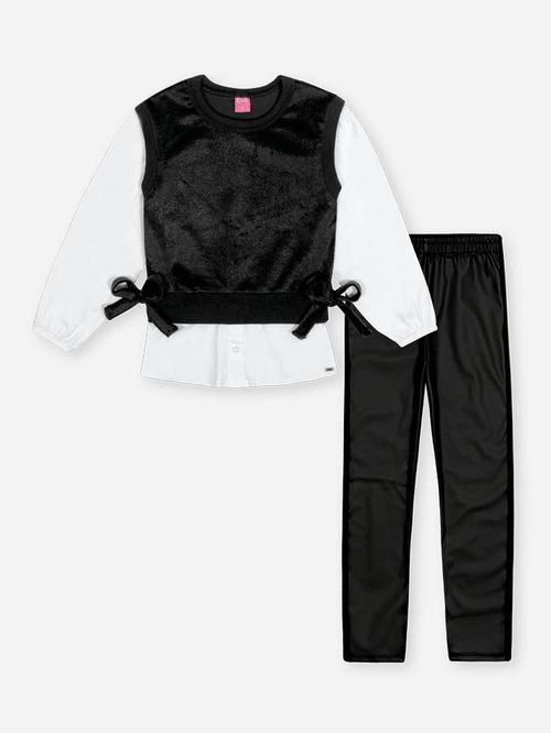 Conjunto Infantil Menina em Veludo com Fóil Laços Mundo Cinti