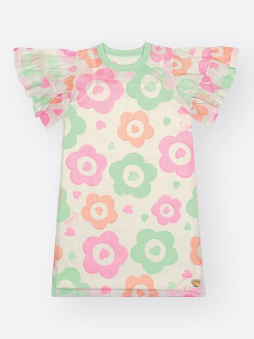 Vestido Infantil Menina Off-White com Sobreposição de Flores – Vestido Mundo Cinti