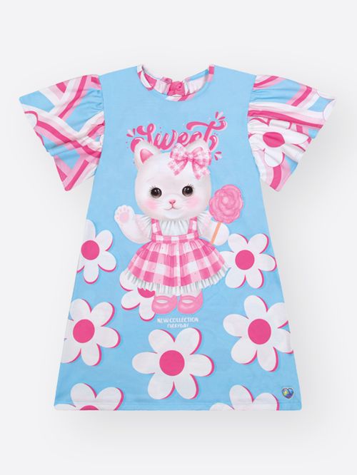 Vestido Infantil Azul com Estampa de Gatinha e Flores – Vestido Menina Mundo Cinti