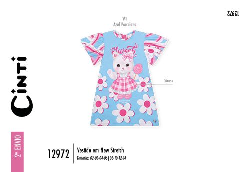 Vestido Infantil Azul com Estampa de Gatinha e Flores – Vestido Menina Mundo Cinti