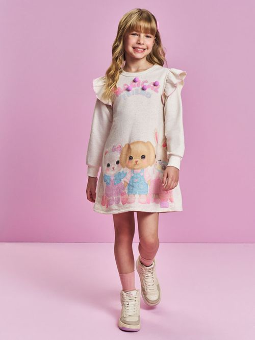 Vestido Infantil Off-White Estampa Amiguinhos Mágicos – Vestido Menina Fofo Mundo Cinti