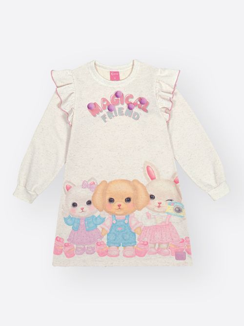 Vestido Infantil Off-White Estampa Amiguinhos Mágicos – Vestido Menina Fofo Mundo Cinti