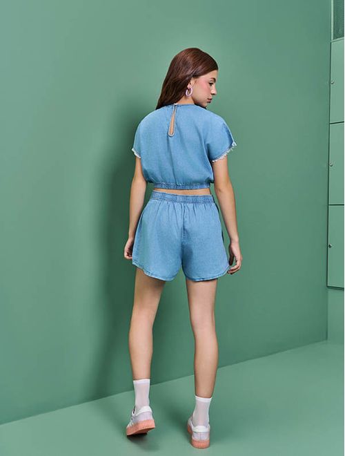 Conjunto Teen Feminino Blusa E Short Azul Jeans Claro Dway