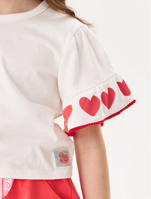 Blusa Boxy Infantil Menina Corações Natural E Vermelho Cinti