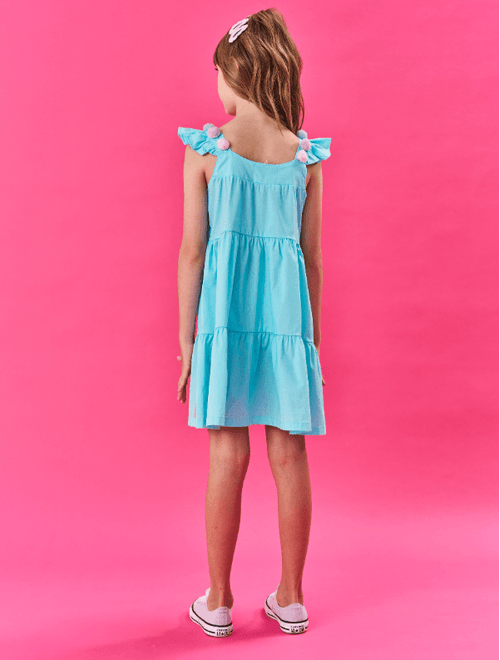 Vestido Infantil Menina Pompom Azul Cinti