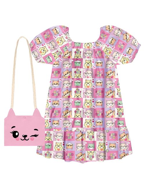 Vestido Infantil Menina Com Bolsa Gatinho Rosa Cinti