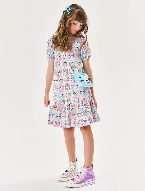 Vestido Infantil Menina Com Bolsa Gatinho Rosa Cinti