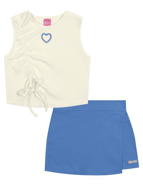Conjunto Infantil Menina Blusa Cropped E Short-Saia Natural E Azul Cinti