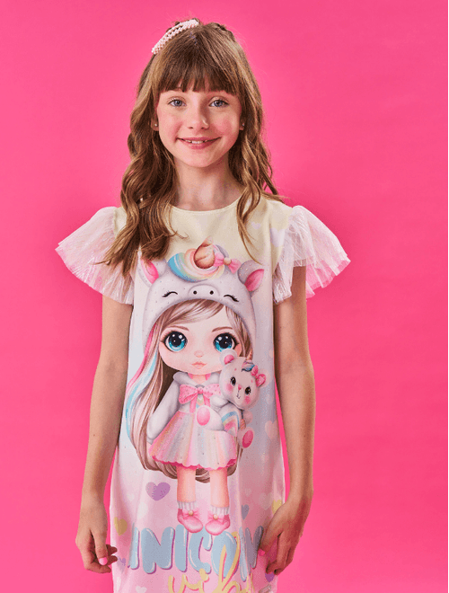 Vestido Infantil Menina Unicórnio Azul Cinti
