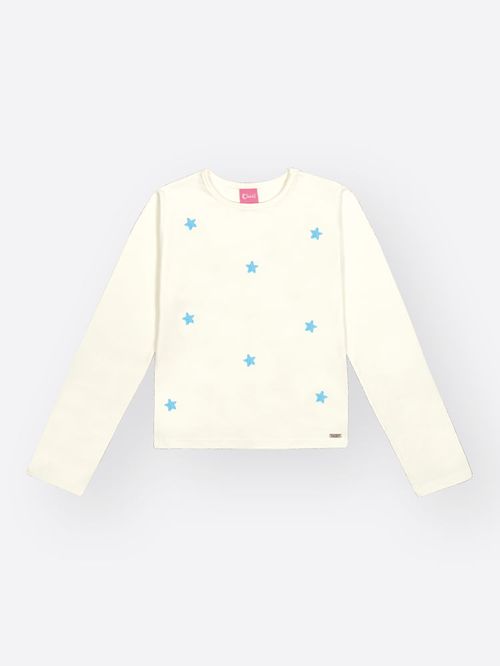 Blusa Infantil Menina Básica em Cotton com Bordado de Estrelas