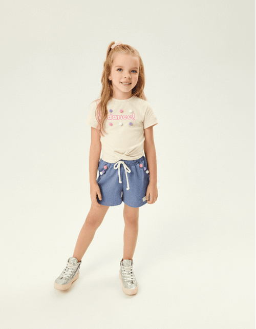 Blusa Boxy Menina Dance com Pompons Natural Abrange