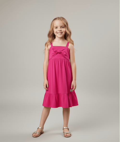 Vestido Infantil Romântico com Laço Frontal Rosa Abrange