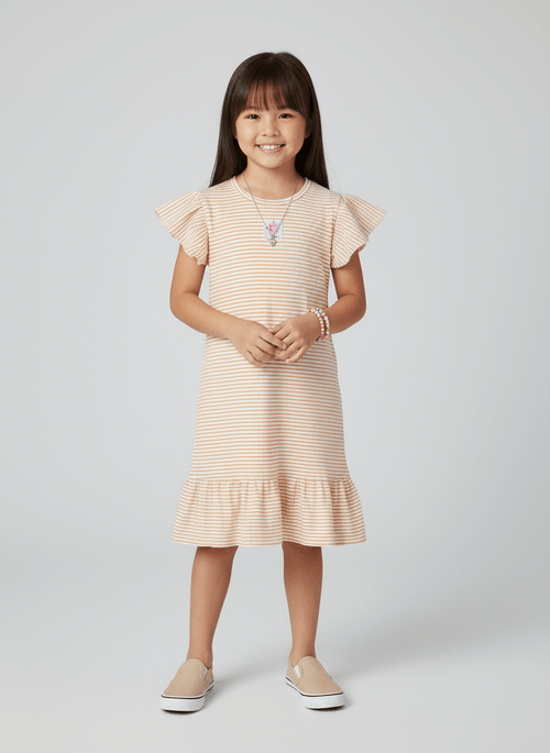 Vestido Infantil com Babados Listrado Bege Abrange