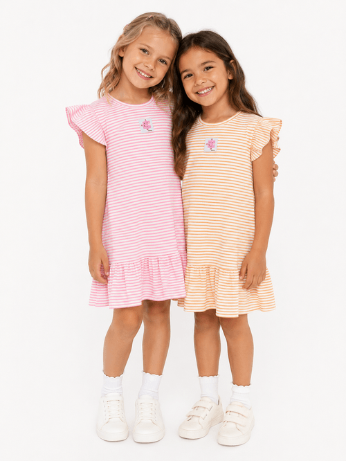 Vestido Infantil com Babados Listrado Bege Abrange