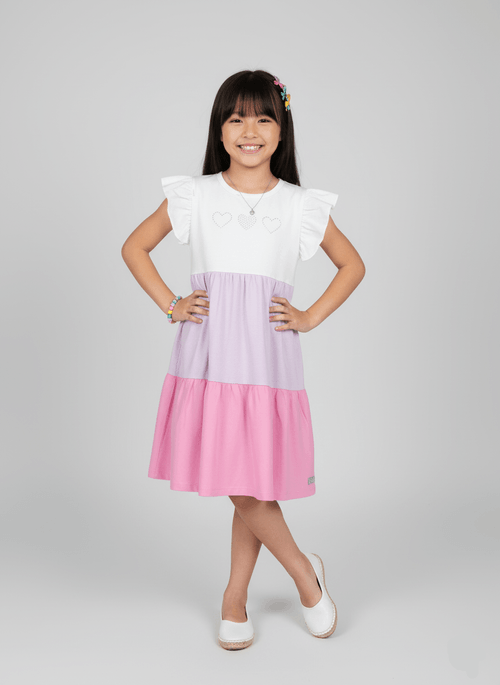 Vestido Infantil Color Block 3 Corações Branco Abrange