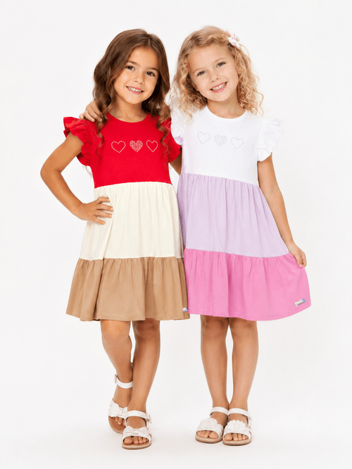 Vestido Infantil Color Block 3 Corações Branco Abrange