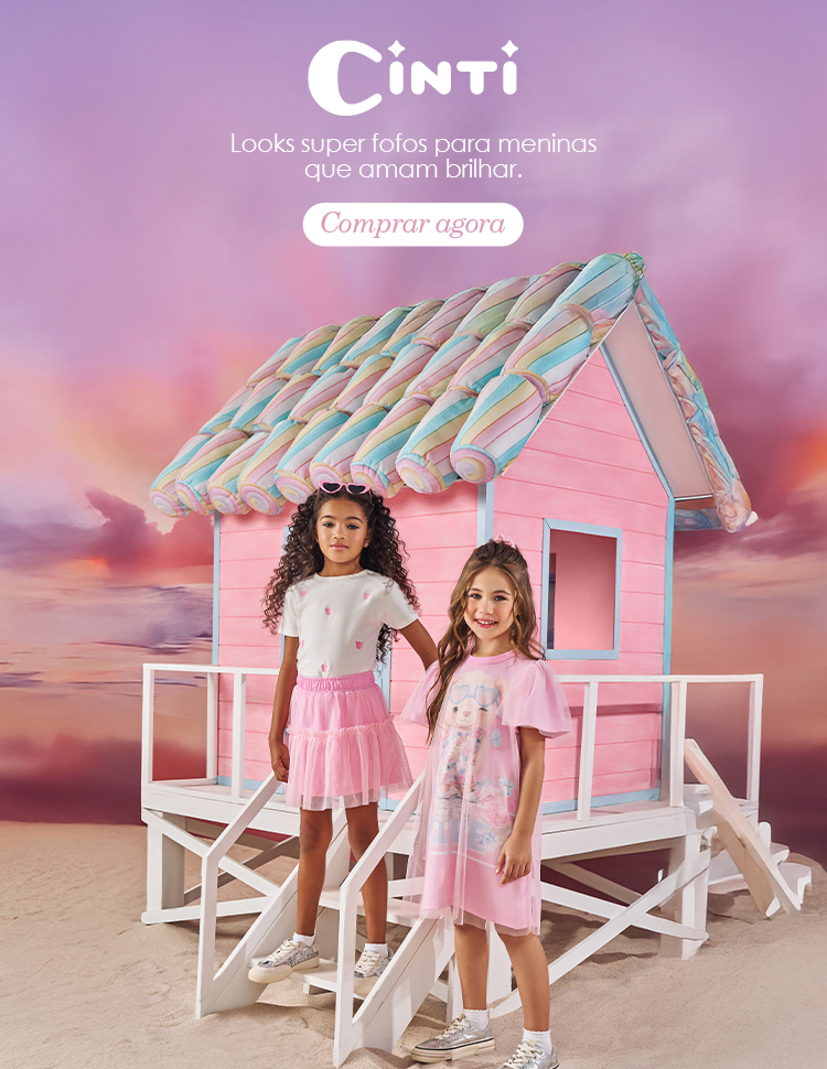 Duas meninas posam em frente a uma casinha de praia rosa com telhado colorido. Elas vestem looks da coleção Cinti: uma usa saia de tule rosa e blusa branca, e a outra um vestido rosa com estampa de urso. No topo, o texto "Looks super fofos para meninas que amam brilhar" e o botão "Comprar agora".