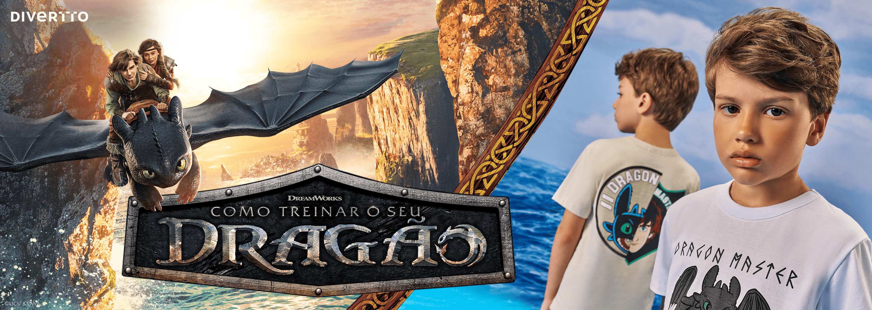 Banner da coleção cápsula "Dragons" da Divertto em parceria com a Universal, inspirada no live-action "Como Treinar o Seu Dragão", com personagens do filme à esquerda e menino vestindo camisetas temáticas à direita.​