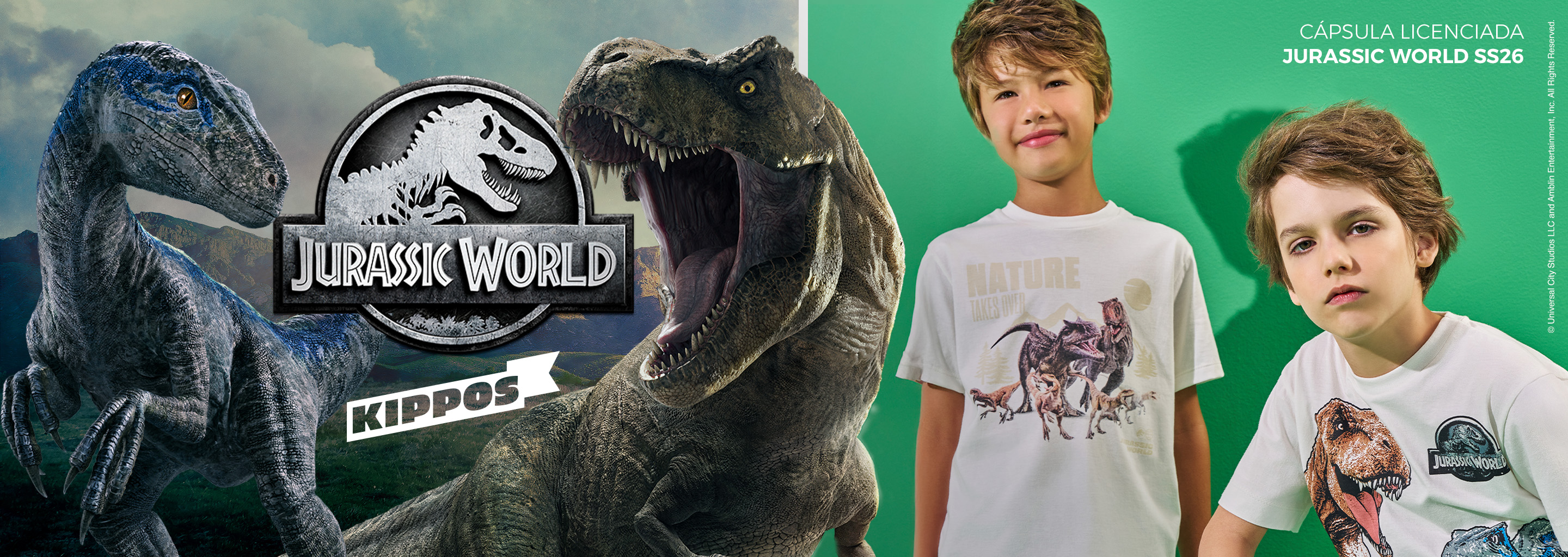 Banner da coleção infantil Kippos em parceria com a Universal para Jurassic World, com dinossauros realistas e dois meninos usando camisetas estampadas da linha​